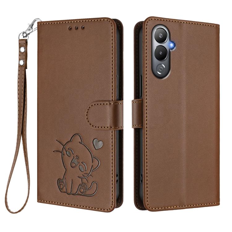 For Tecno Pova 4 Embossed Heart Cat Leather Phone Case with Hand Strap
