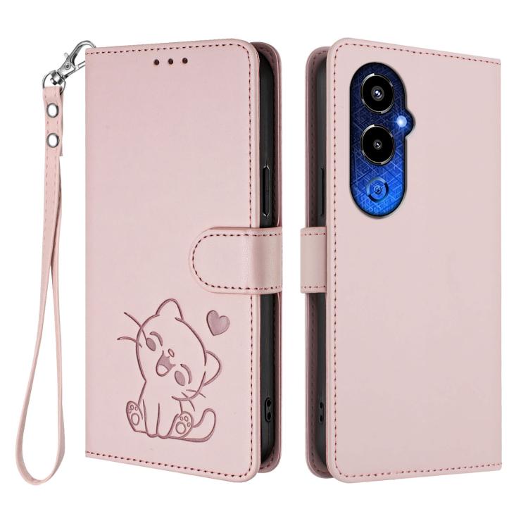 For Tecno Pova 4 Pro Embossed Heart Cat Leather Phone Case with Hand Strap