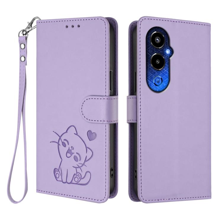 For Tecno Pova 4 Pro Embossed Heart Cat Leather Phone Case with Hand Strap