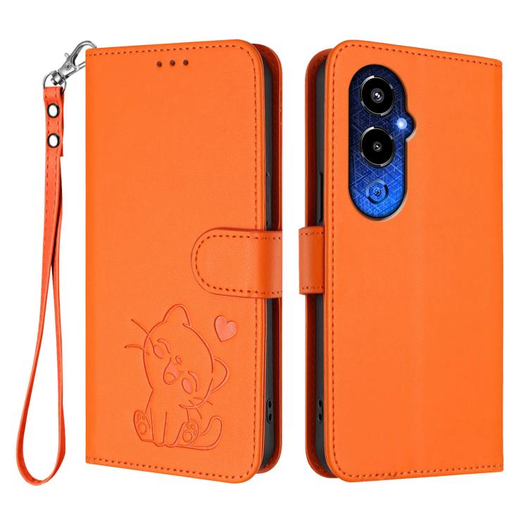 For Tecno Pova 4 Pro Embossed Heart Cat Leather Phone Case with Hand Strap