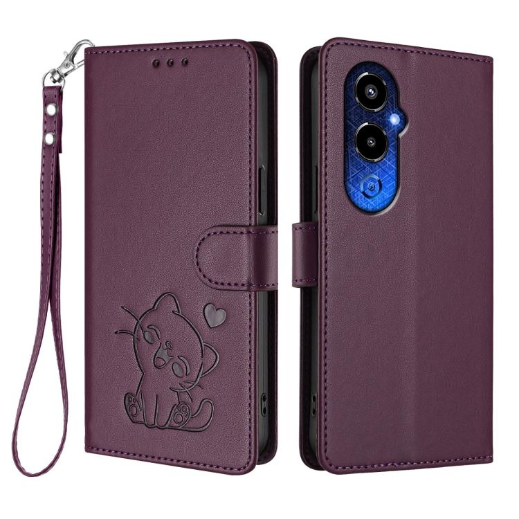 For Tecno Pova 4 Pro Embossed Heart Cat Leather Phone Case with Hand Strap