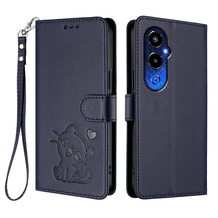 For Tecno Pova 4 Pro Embossed Heart Cat Leather Phone Case with Hand Strap