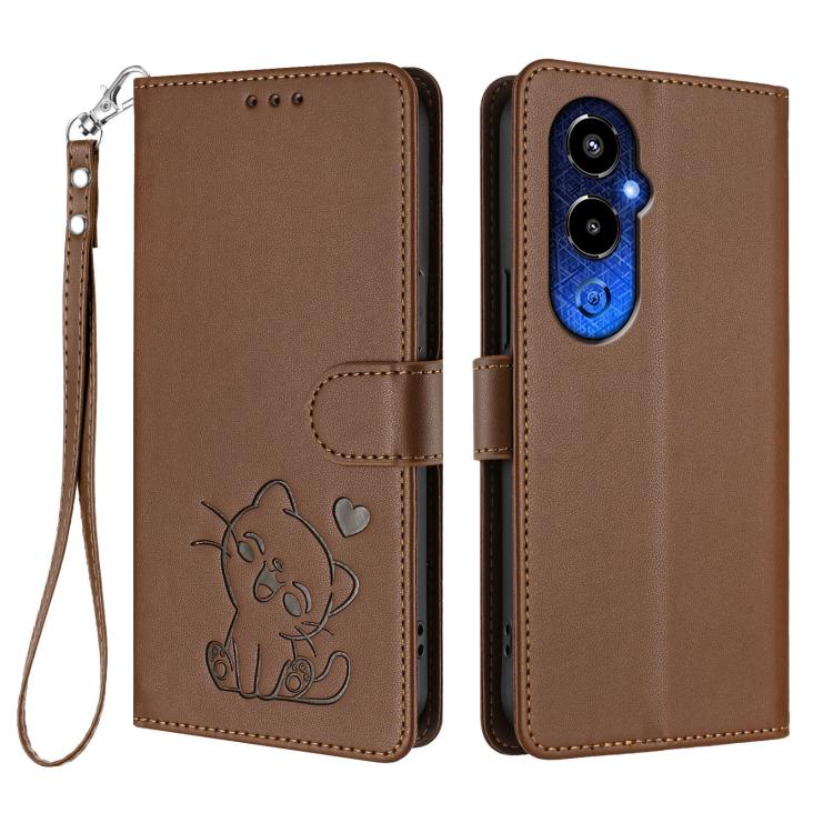 For Tecno Pova 4 Pro Embossed Heart Cat Leather Phone Case with Hand Strap
