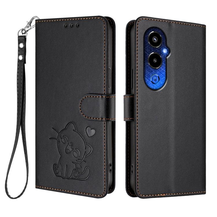 For Tecno Pova 4 Pro Embossed Heart Cat Leather Phone Case with Hand Strap