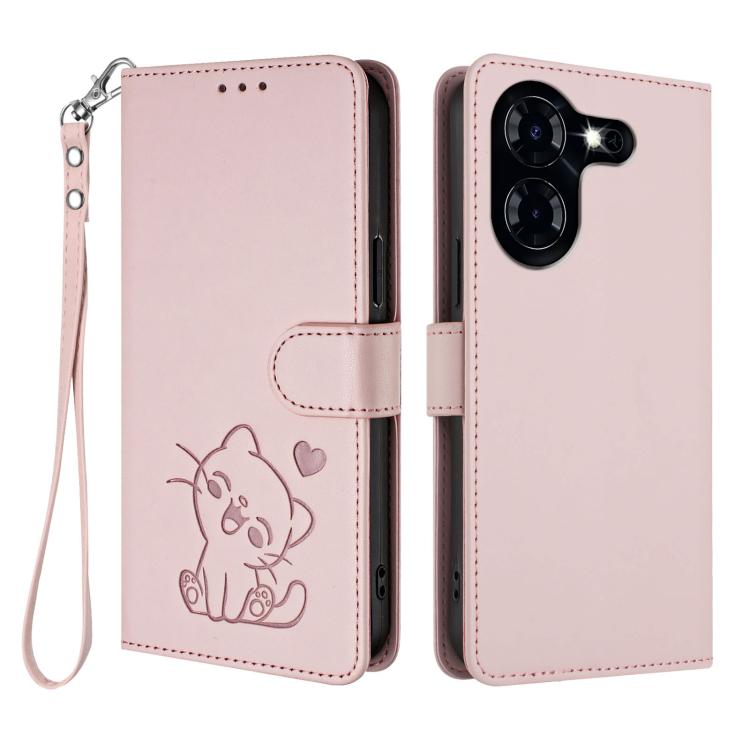 For Tecno Pova 5 4G Embossed Heart Cat Leather Phone Case with Hand Strap