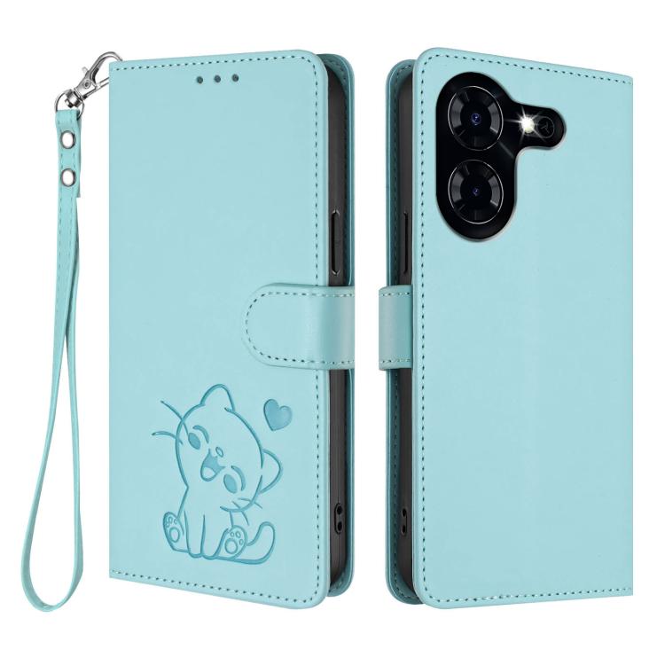 For Tecno Pova 5 4G Embossed Heart Cat Leather Phone Case with Hand Strap