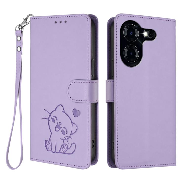 For Tecno Pova 5 4G Embossed Heart Cat Leather Phone Case with Hand Strap