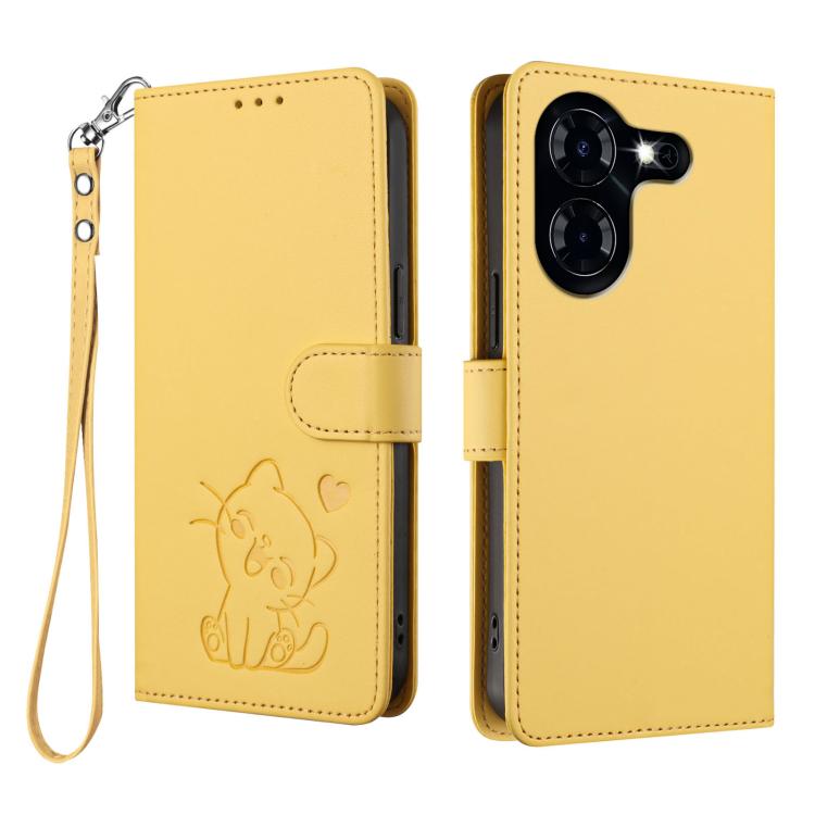 For Tecno Pova 5 4G Embossed Heart Cat Leather Phone Case with Hand Strap