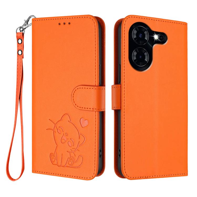 For Tecno Pova 5 4G Embossed Heart Cat Leather Phone Case with Hand Strap