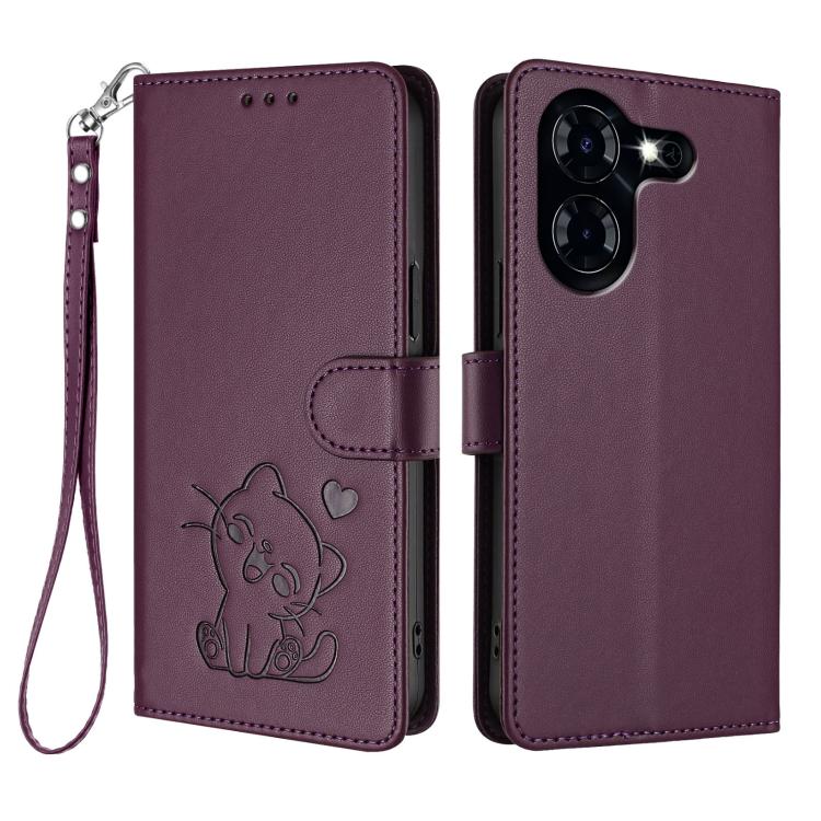 For Tecno Pova 5 4G Embossed Heart Cat Leather Phone Case with Hand Strap