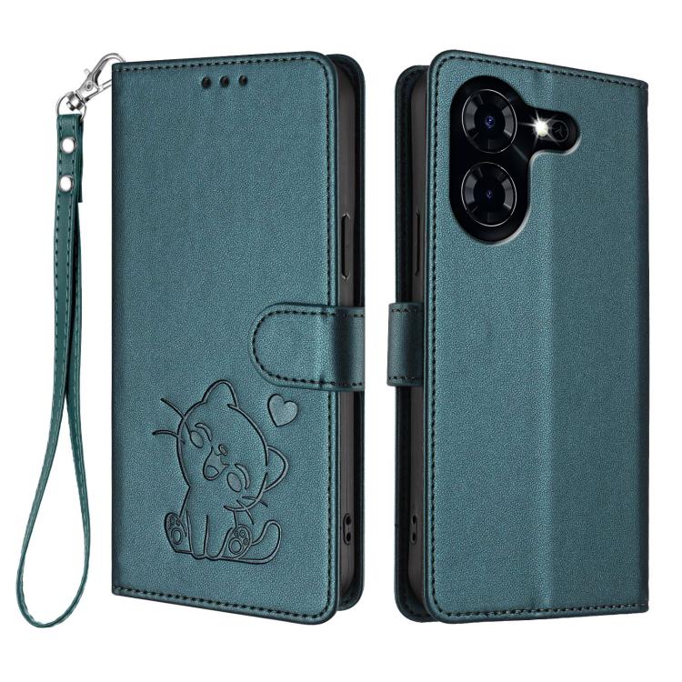 For Tecno Pova 5 4G Embossed Heart Cat Leather Phone Case with Hand Strap