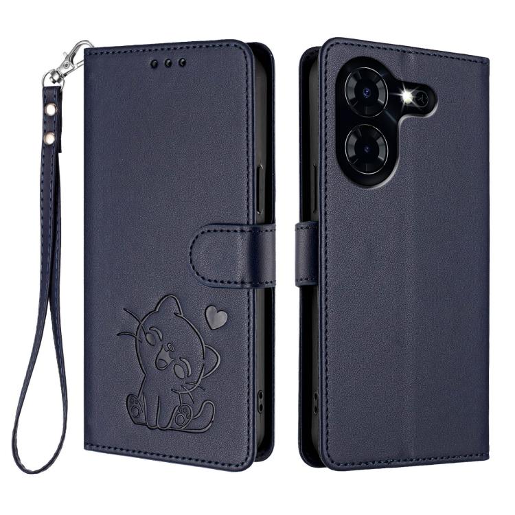 For Tecno Pova 5 4G Embossed Heart Cat Leather Phone Case with Hand Strap