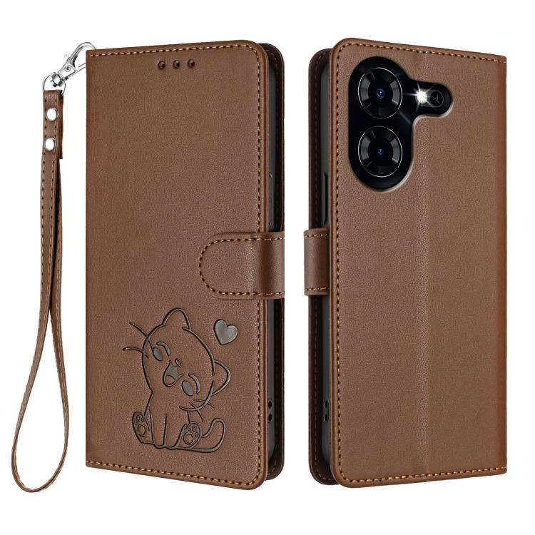 For Tecno Pova 5 4G Embossed Heart Cat Leather Phone Case with Hand Strap