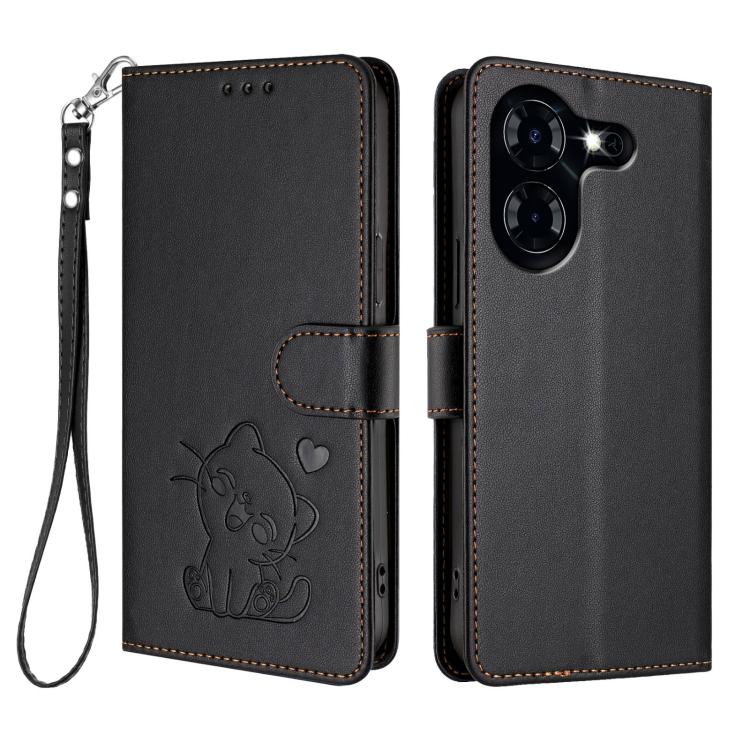 For Tecno Pova 5 4G Embossed Heart Cat Leather Phone Case with Hand Strap
