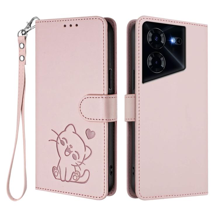 For Tecno Pova 5 Pro Embossed Heart Cat Leather Phone Case with Hand Strap