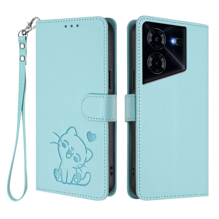 For Tecno Pova 5 Pro Embossed Heart Cat Leather Phone Case with Hand Strap