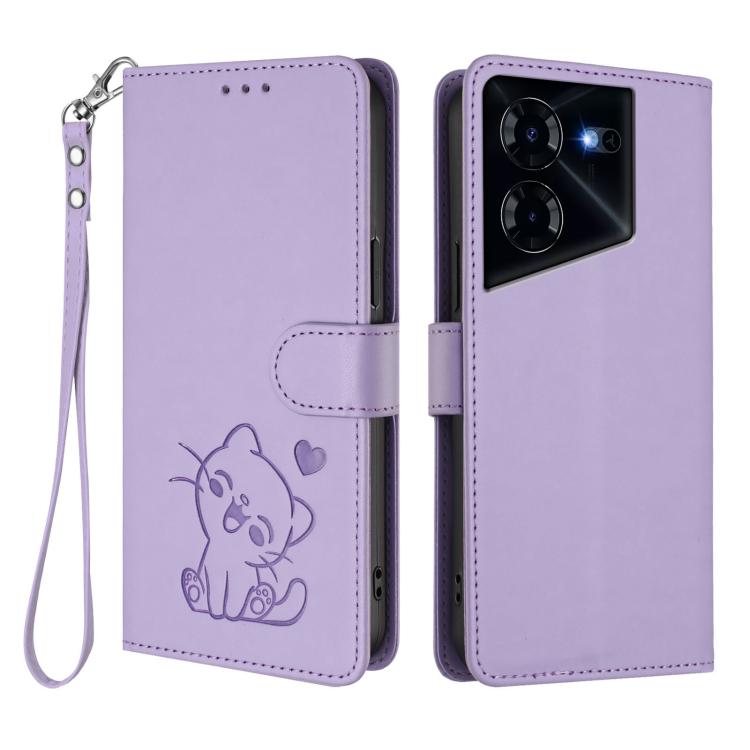 For Tecno Pova 5 Pro Embossed Heart Cat Leather Phone Case with Hand Strap