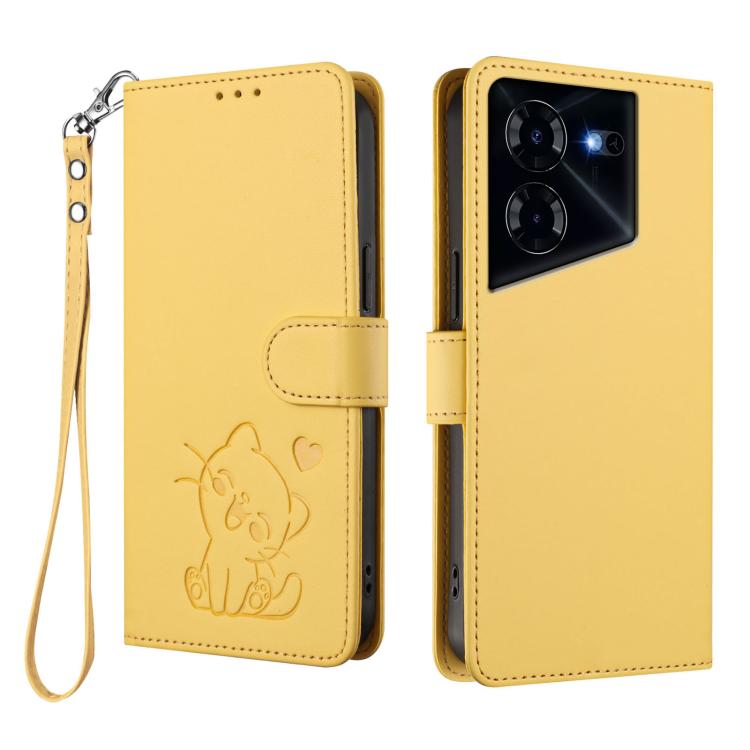 For Tecno Pova 5 Pro Embossed Heart Cat Leather Phone Case with Hand Strap