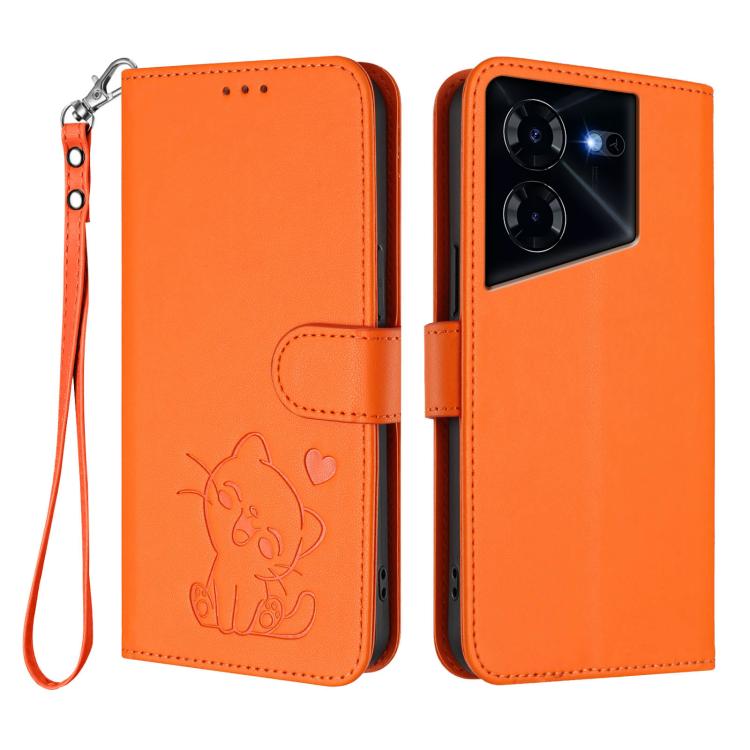 For Tecno Pova 5 Pro Embossed Heart Cat Leather Phone Case with Hand Strap