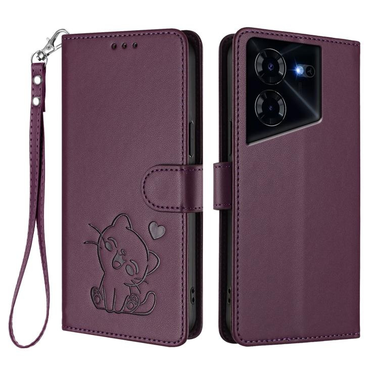 For Tecno Pova 5 Pro Embossed Heart Cat Leather Phone Case with Hand Strap
