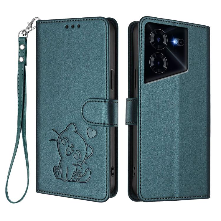 For Tecno Pova 5 Pro Embossed Heart Cat Leather Phone Case with Hand Strap