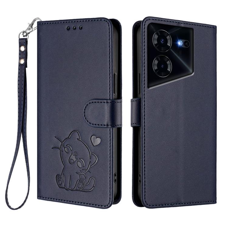 For Tecno Pova 5 Pro Embossed Heart Cat Leather Phone Case with Hand Strap