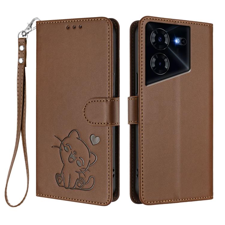 For Tecno Pova 5 Pro Embossed Heart Cat Leather Phone Case with Hand Strap