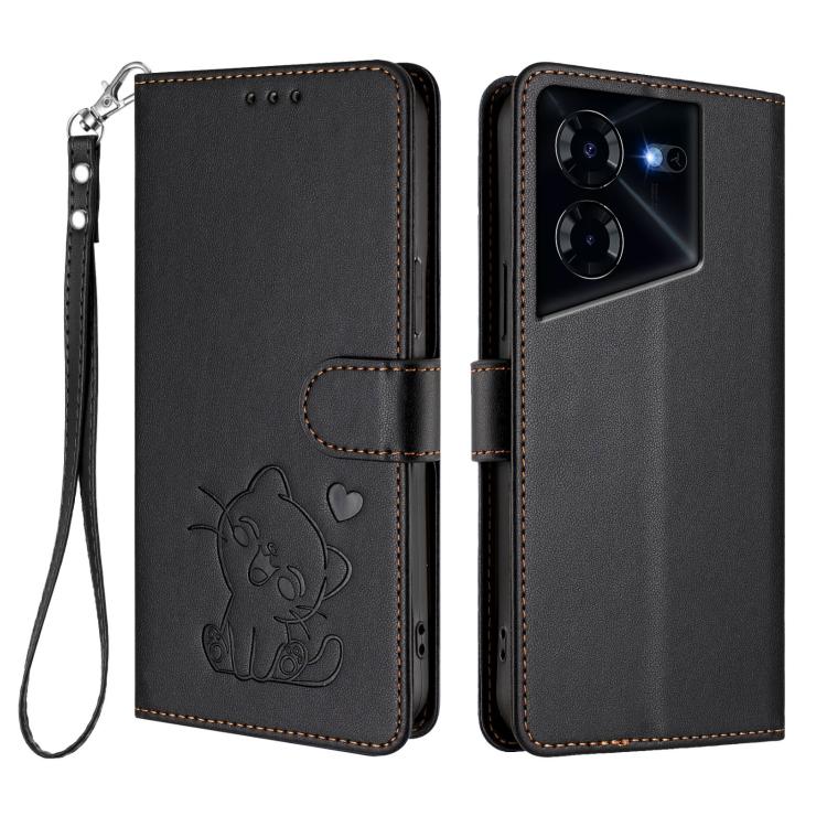 For Tecno Pova 5 Pro Embossed Heart Cat Leather Phone Case with Hand Strap