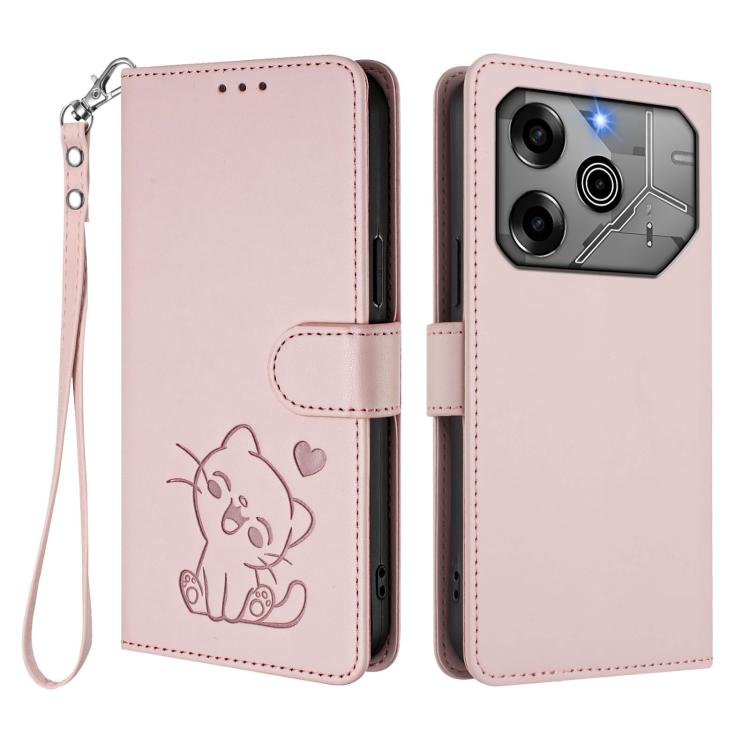 For Tecno Pova 6 Pro 5G Embossed Heart Cat Leather Phone Case with Hand Strap
