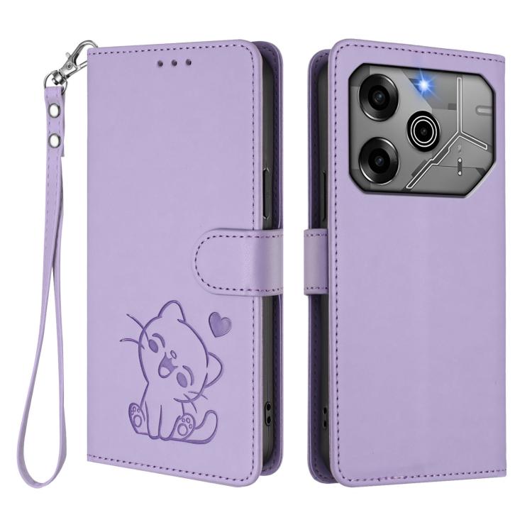 For Tecno Pova 6 Pro 5G Embossed Heart Cat Leather Phone Case with Hand Strap