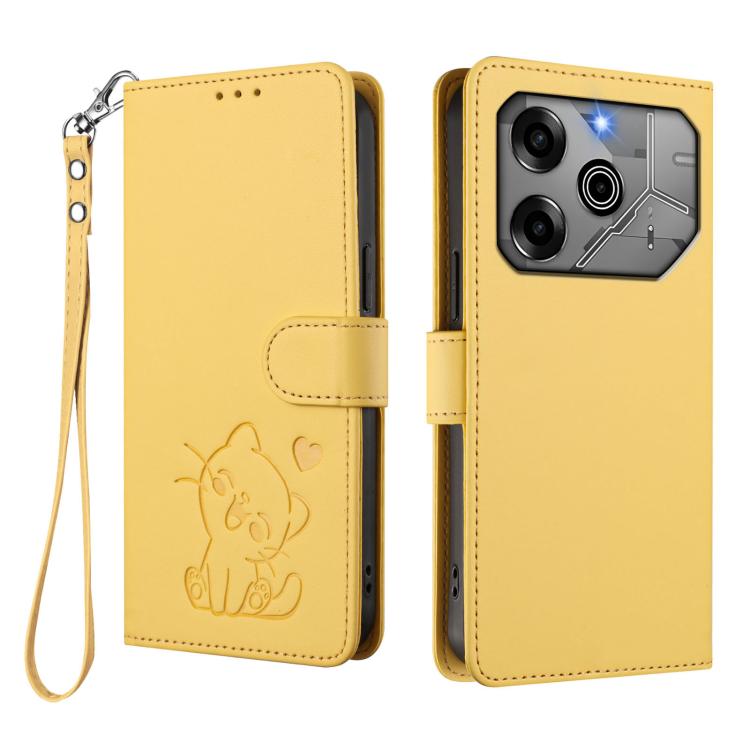 For Tecno Pova 6 Pro 5G Embossed Heart Cat Leather Phone Case with Hand Strap