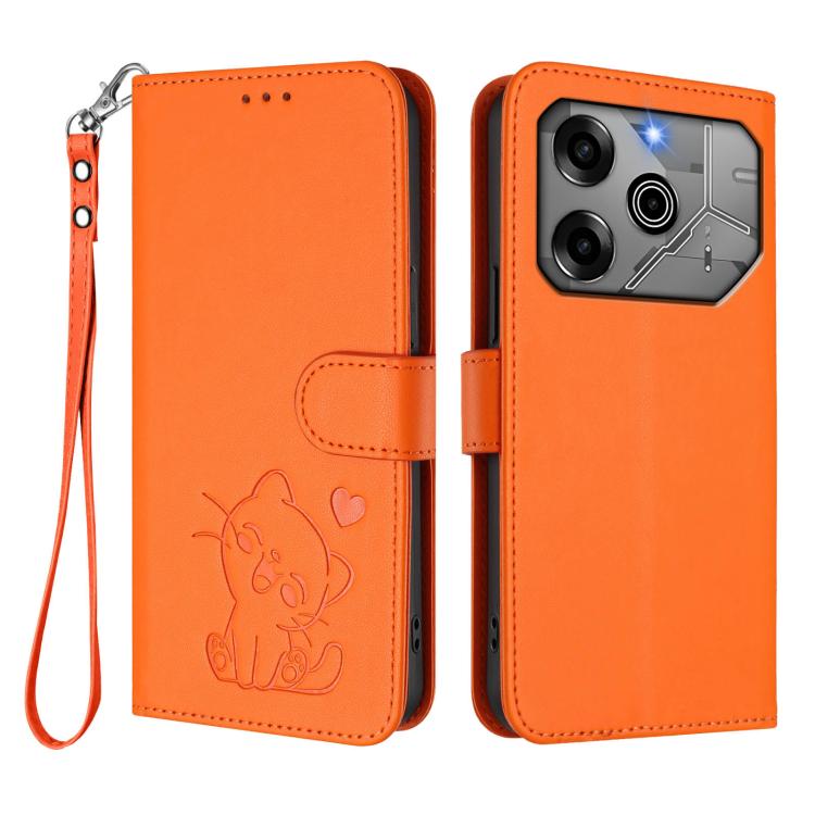 For Tecno Pova 6 Pro 5G Embossed Heart Cat Leather Phone Case with Hand Strap