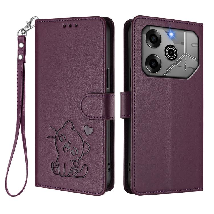 For Tecno Pova 6 Pro 5G Embossed Heart Cat Leather Phone Case with Hand Strap