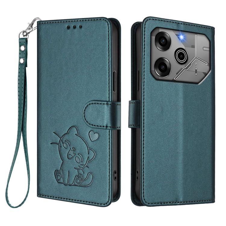 For Tecno Pova 6 Pro 5G Embossed Heart Cat Leather Phone Case with Hand Strap