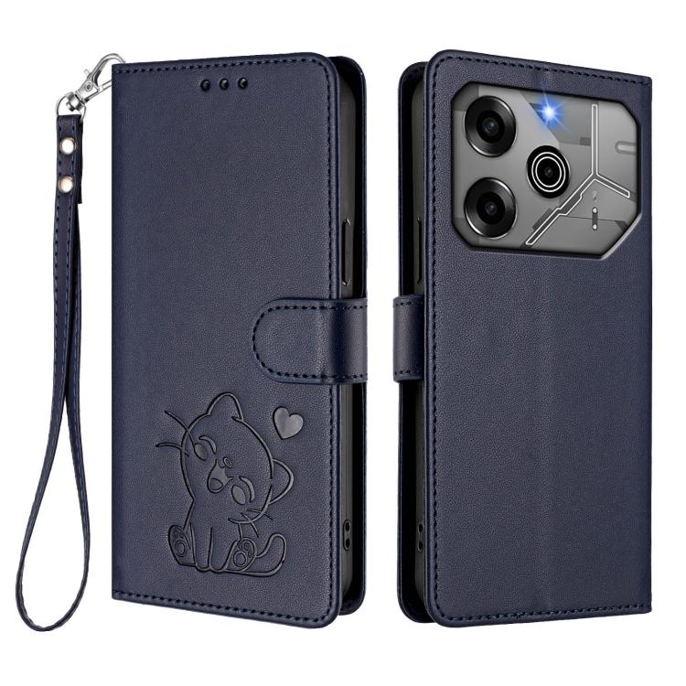 For Tecno Pova 6 Pro 5G Embossed Heart Cat Leather Phone Case with Hand Strap