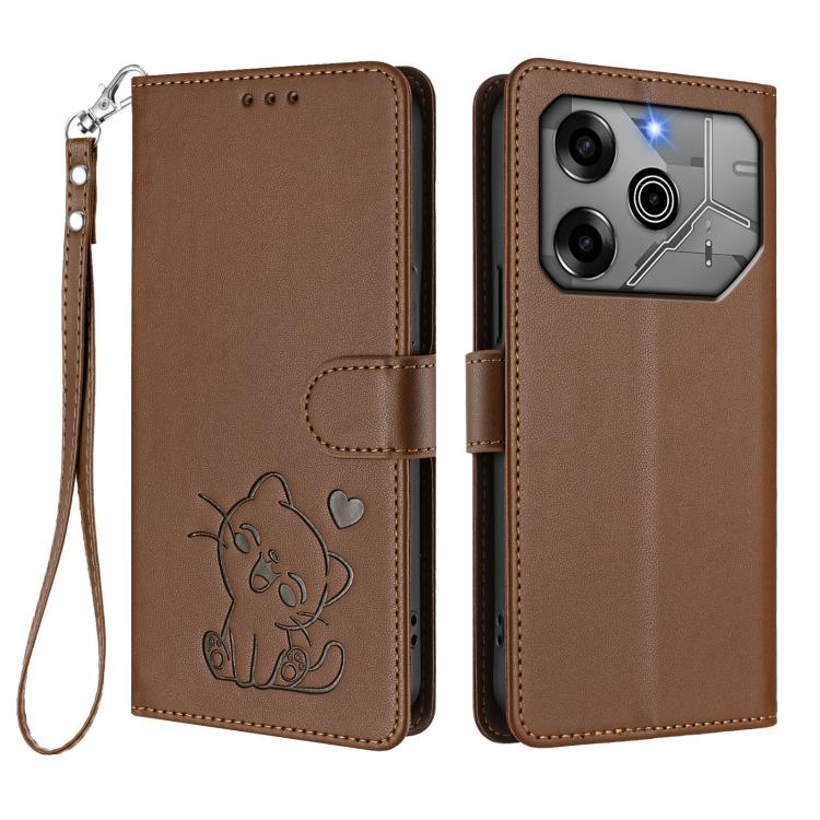 For Tecno Pova 6 Pro 5G Embossed Heart Cat Leather Phone Case with Hand Strap