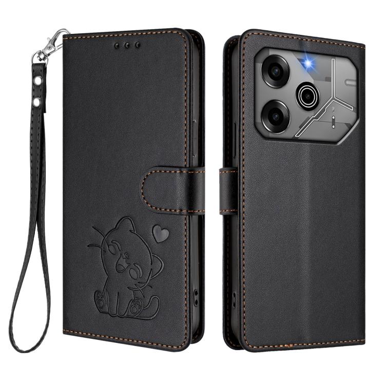 For Tecno Pova 6 Pro 5G Embossed Heart Cat Leather Phone Case with Hand Strap