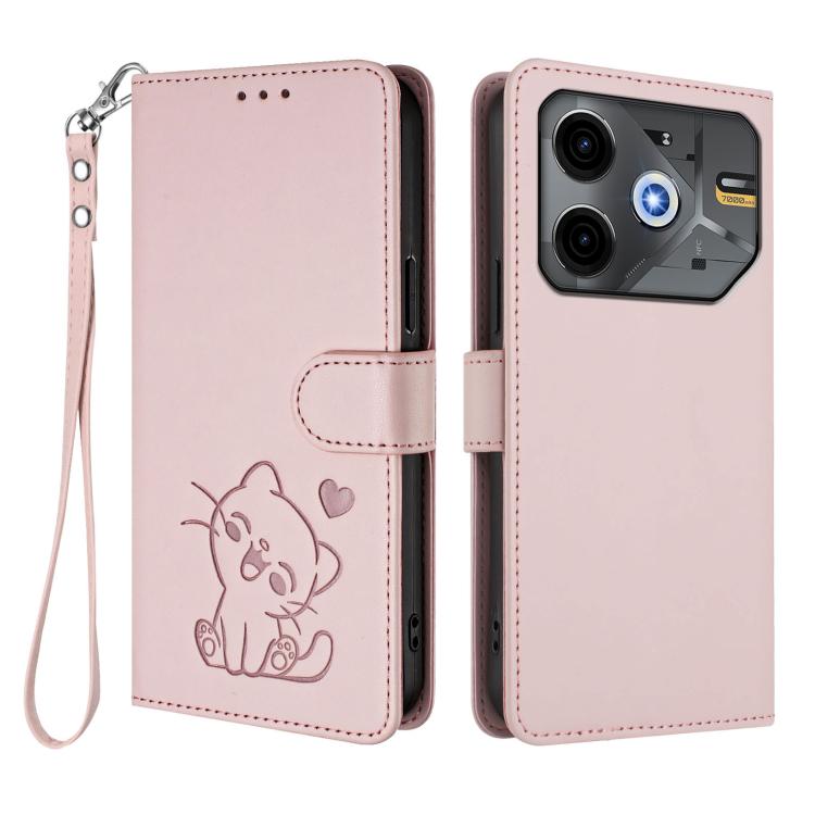 For Tecno Pova 6 Neo 5G / Spark 30 5G Embossed Heart Cat Leather Phone Case with Hand Strap