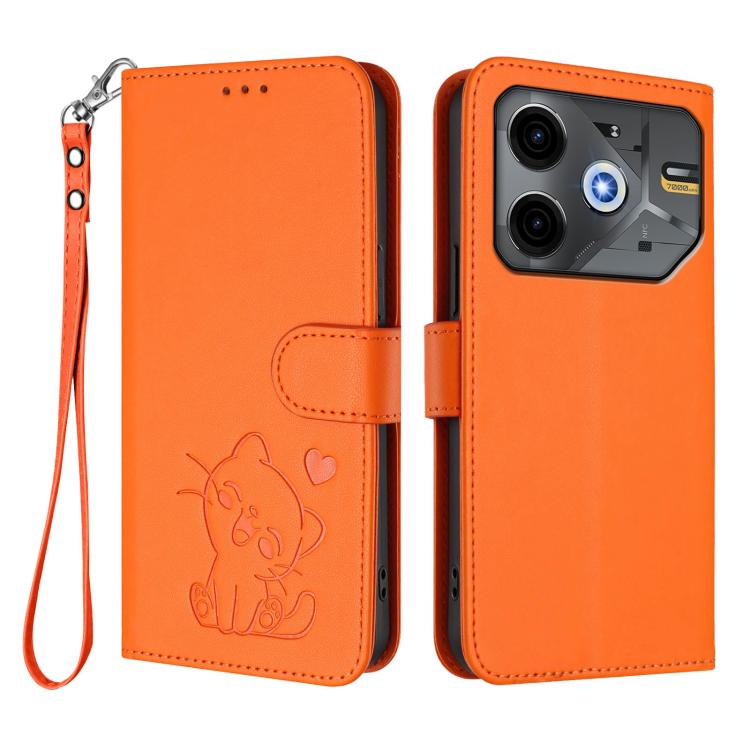For Tecno Pova 6 Neo 5G / Spark 30 5G Embossed Heart Cat Leather Phone Case with Hand Strap