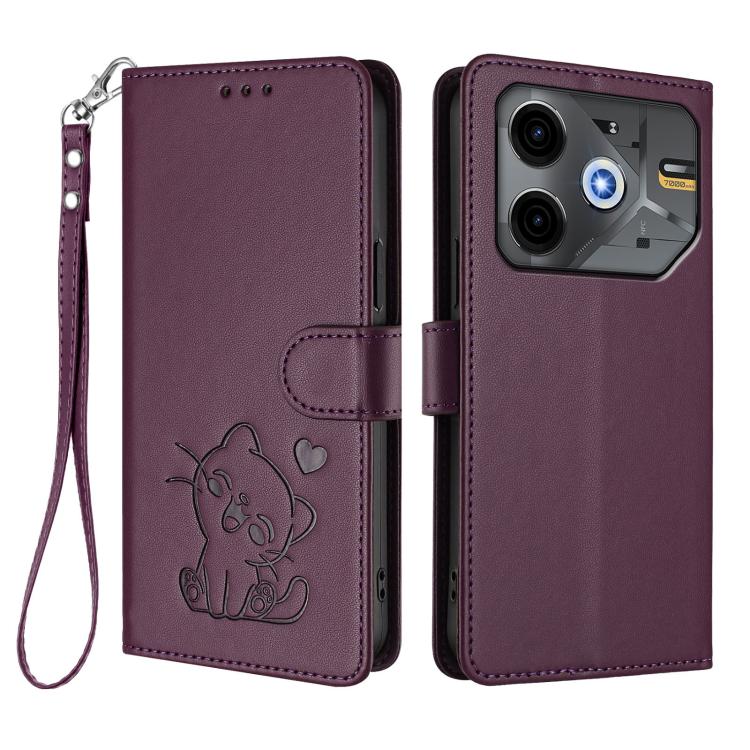 For Tecno Pova 6 Neo 5G / Spark 30 5G Embossed Heart Cat Leather Phone Case with Hand Strap