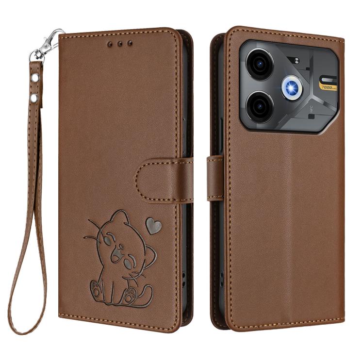 For Tecno Pova 6 Neo 5G / Spark 30 5G Embossed Heart Cat Leather Phone Case with Hand Strap