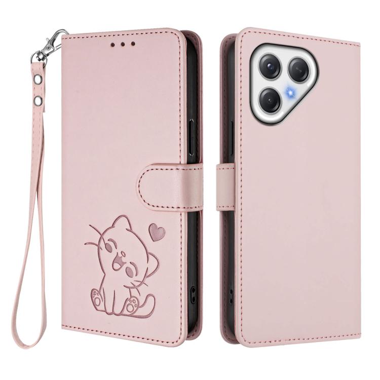For Tecno Pova 7 4G / 7 Neo Embossed Heart Cat Leather Phone Case with Hand Strap