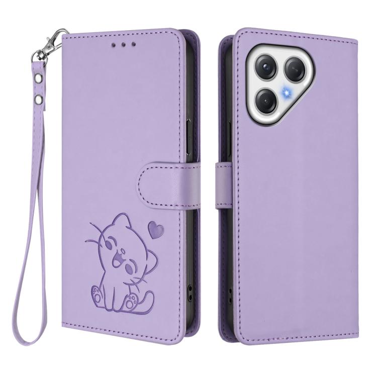 For Tecno Pova 7 4G / 7 Neo Embossed Heart Cat Leather Phone Case with Hand Strap