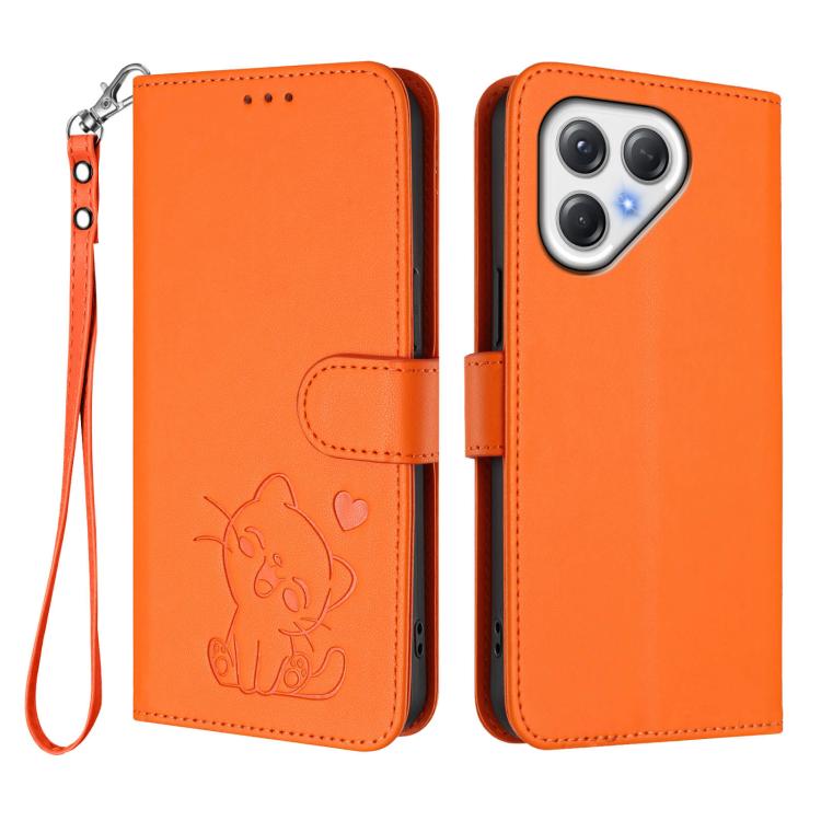 For Tecno Pova 7 4G / 7 Neo Embossed Heart Cat Leather Phone Case with Hand Strap