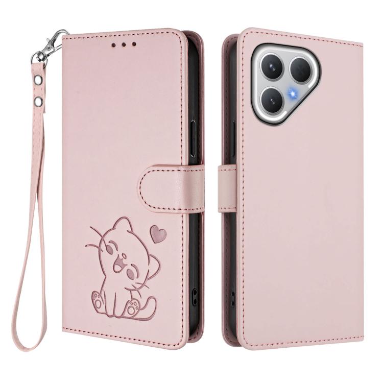 For Tecno Pova 7 5G 2025 Embossed Heart Cat Leather Phone Case with Hand Strap