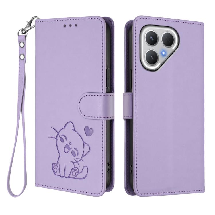 For Tecno Pova 7 5G 2025 Embossed Heart Cat Leather Phone Case with Hand Strap