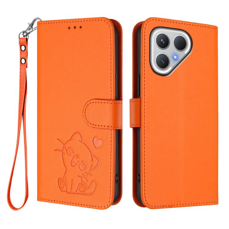 For Tecno Pova 7 5G 2025 Embossed Heart Cat Leather Phone Case with Hand Strap