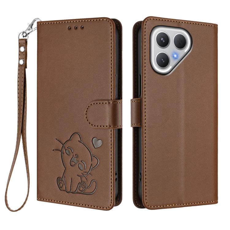 For Tecno Pova 7 5G 2025 Embossed Heart Cat Leather Phone Case with Hand Strap
