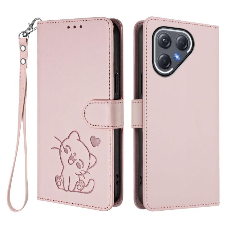 For Tecno Pova 7 Pro 5G Embossed Heart Cat Leather Phone Case with Hand Strap