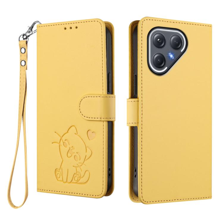 For Tecno Pova 7 Pro 5G Embossed Heart Cat Leather Phone Case with Hand Strap
